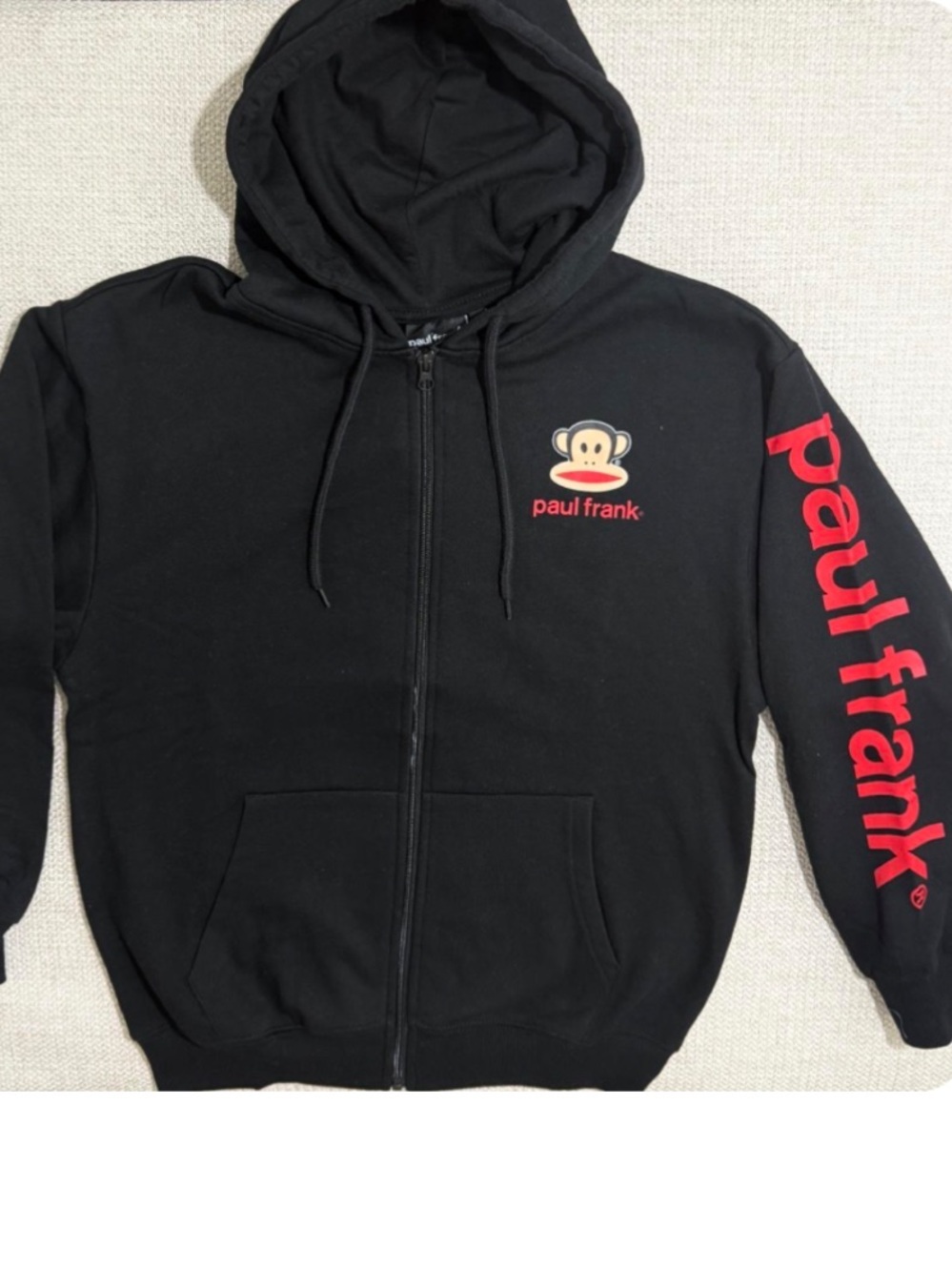Paul Frank Black Zip-Up Hoodie with Red Sleeve Branding